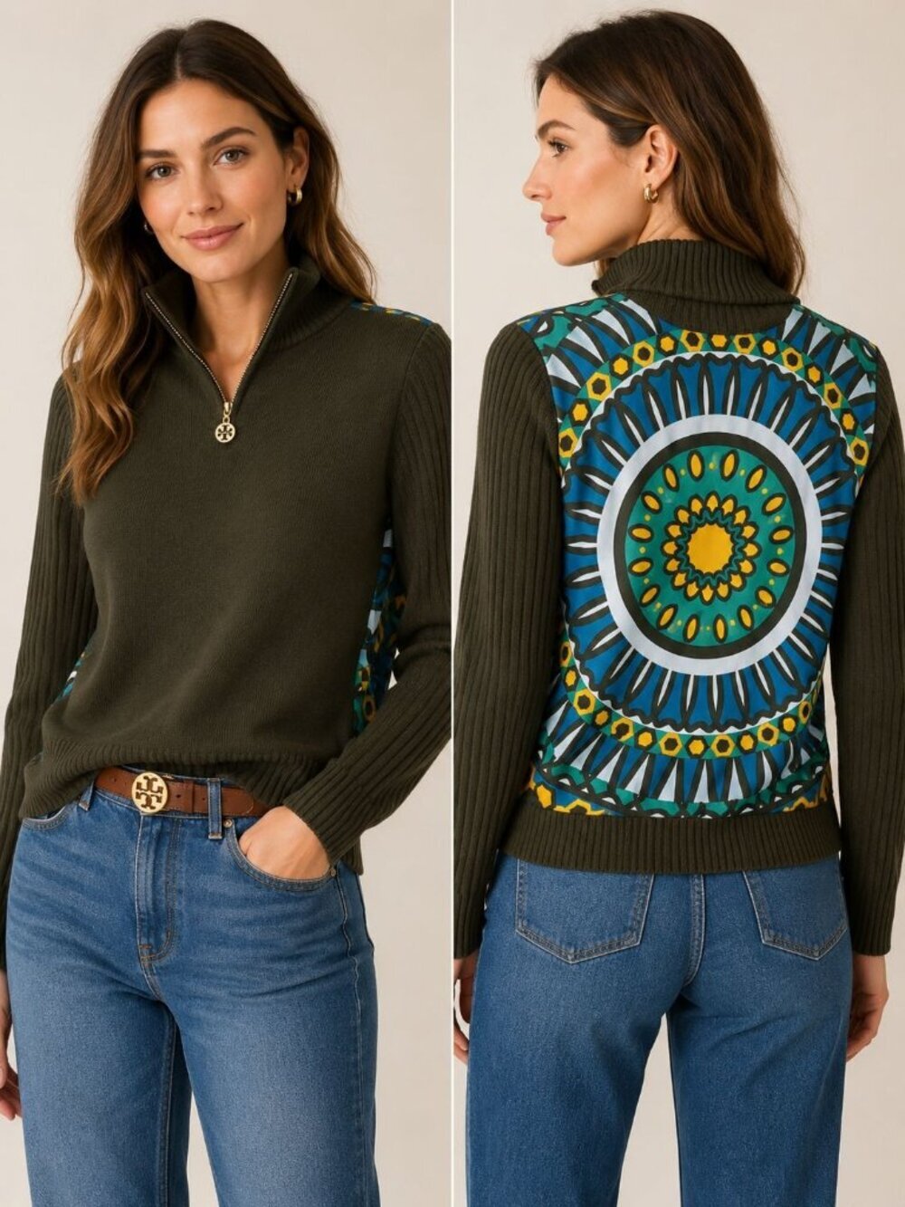 Tory Burch Womens Olive Green Half-Zip Sweater W/Vibrant Mandala Xsmalll